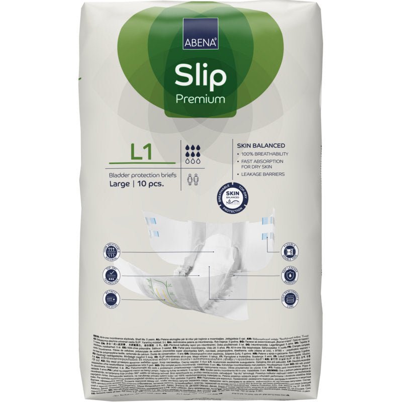 Een verpakking ABENA Slip Premium van Abena Re-Seller GmbH, maat large, met 10 stuks. De witte verpakking heeft groene en blauwe accenten en duidelijke productinformatie aan de voorkant.