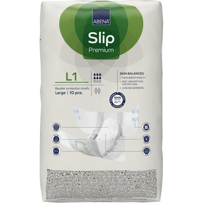 Een verpakking ABENA Slip Premium van Abena Re-Seller GmbH, maat large, met 10 stuks. De witte verpakking heeft groene en blauwe accenten en duidelijke productinformatie aan de voorkant.