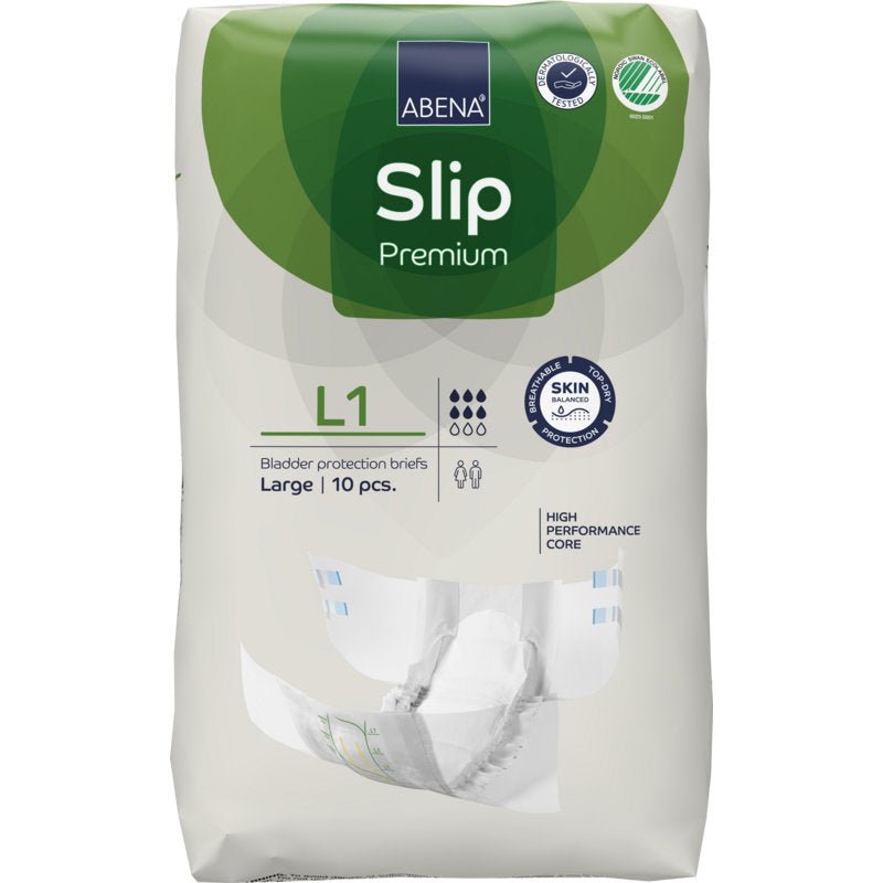 Een verpakking van 10 stuks ABENA Slip Premium van Abena Re-Seller GmbH, maat L1. De wit-groene verpakking benadrukt de huidbescherming en de hoogprestatieskern voor effectieve incontinentiezorg.