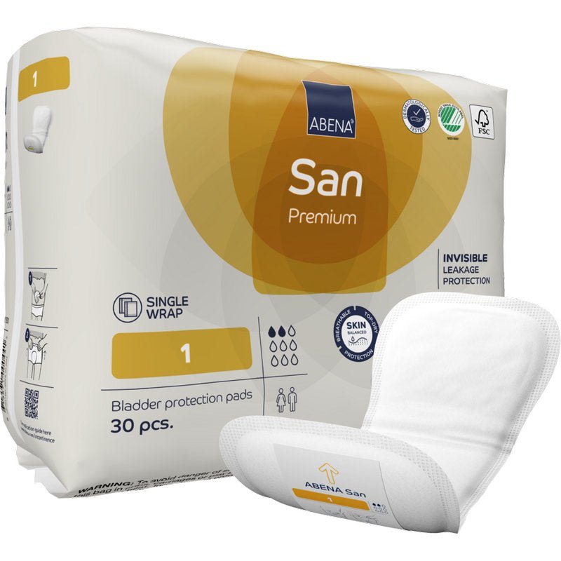 Afgebeeld is een verpakking van de ABENA San Premium blaasbeschermingsinlegkruisjes (30 stuks) van Abena Re-Seller GmbH, met een inlegkruisje op de voorgrond. De verpakking benadrukt de hoge absorptiecapaciteit, het eenmalige gebruik, de lekbescherming en de huidvriendelijke incontinentiezorg.