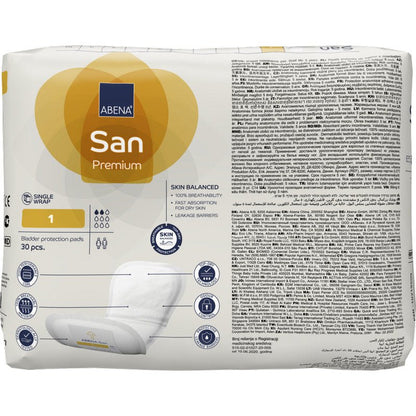 Een verpakking ABENA San Premium van Abena Re-Seller GmbH, maat 1, bevat 30 maandverbanden. De verpakking toont details over de hoge absorptiecapaciteit, pictogrammen en een afbeelding van de maandverbanden op een witte en gele achtergrond.