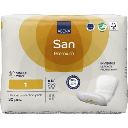 Een 30-pack ABENA San Premium inlegkruisjes van Abena Re-Seller GmbH voor incontinentie, maat 1. De wit-gouden verpakking bevat informatie over de hoge absorptiecapaciteit, productinformatie en certificeringslogo's.