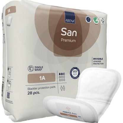 Een verpakking ABENA San Premium van Abena Re-Seller GmbH met 28 stuks voor incontinentiebescherming met hoge absorptiecapaciteit, eenmalig gebruik en lekbescherming; een inlegkruisje is afgebeeld op de voorkant van de verpakking.