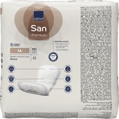 Een verpakking ABENA San Premium blaasbeschermingsinlegkruisjes van Abena Re-Seller GmbH, maat 1A, bevat 28 stuks. Het biedt een hoge absorptiecapaciteit bij incontinentie en bevat productdetails in meerdere talen op de verpakking.