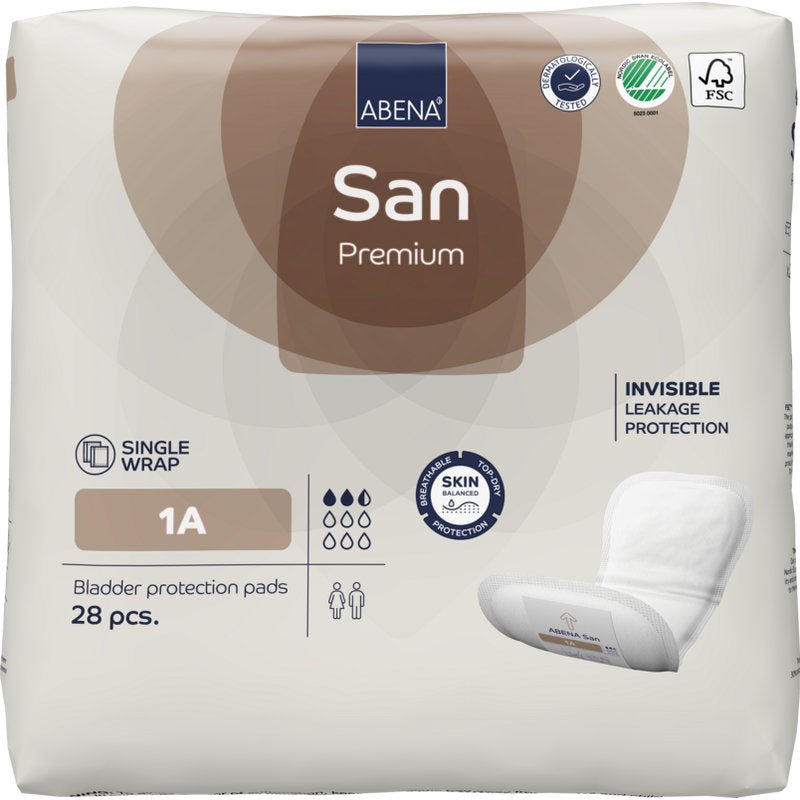 ABENA San Premium van Abena Re-Seller GmbH: 28-pack, biedt hoge absorptiecapaciteit, individuele verpakking, onzichtbare lekbescherming en huidvriendelijk ontwerp voor betrouwbare incontinentiebescherming.