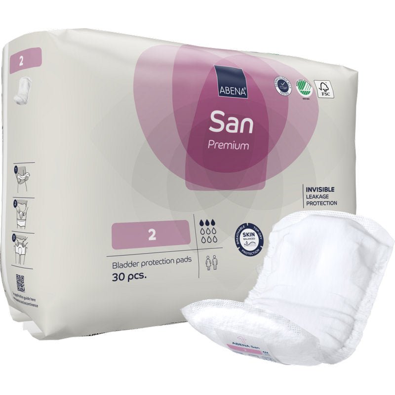Afgebeeld is een verpakking ABENA San Premium van Abena Re-Seller GmbH met een tampon op de voorgrond. Elke verpakking bevat 30 maandverbanden van maat 2, die zich kenmerken door hoge absorptiecapaciteit, incontinentiebescherming, lekbescherming en huidvriendelijkheid.