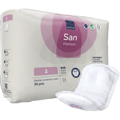 Afgebeeld is een verpakking ABENA San Premium van Abena Re-Seller GmbH met een tampon op de voorgrond. Elke verpakking bevat 30 maandverbanden van maat 2, die zich kenmerken door hoge absorptiecapaciteit, incontinentiebescherming, lekbescherming en huidvriendelijkheid.