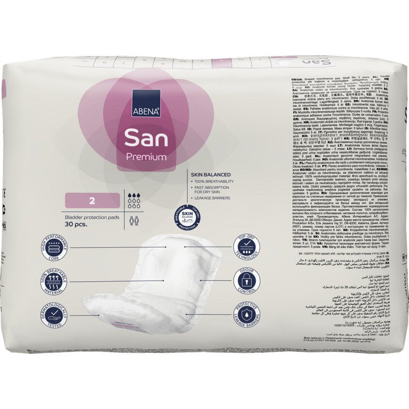 Een witte verpakking ABENA San Premium van Abena Re-Seller GmbH met hoge absorptiecapaciteit, een grote "2", branding, meertalige tekst en een afbeelding van een inlegkruisje op de voorkant.