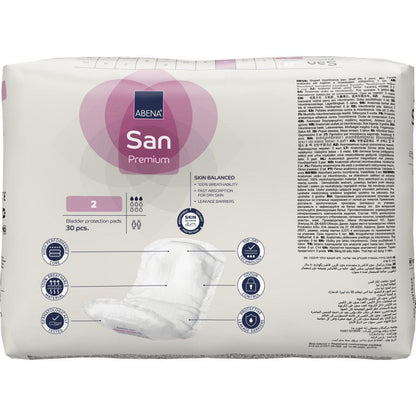 Een witte verpakking ABENA San Premium van Abena Re-Seller GmbH met hoge absorptiecapaciteit, een grote "2", branding, meertalige tekst en een afbeelding van een inlegkruisje op de voorkant.