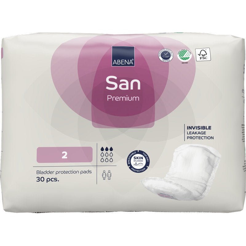 Een 30-pack ABENA San Premium van Abena Re-Seller GmbH, maat 2, kenmerkt zich door hoge absorptiecapaciteit en incontinentiebescherming, productcertificeringen en een afbeelding met onzichtbare lekbescherming.