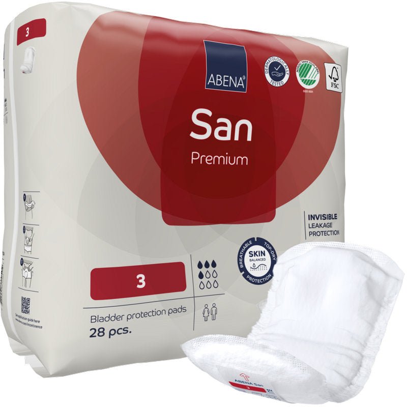 Een verpakking ABENA San Premium Pads van Abena Re-Seller GmbH, maat 3, bevat 28 blaasbeschermingspads. Aan de buitenkant van de verpakking is een inlegkruisje afgebeeld, voorzien van symbolen voor hoge absorptiecapaciteit en verschillende certificeringen.