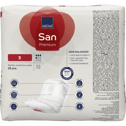 ABENA San Premium maandverbanden van Abena Re-Seller GmbH, maat 3, 28 stuks per verpakking. De verpakking kenmerkt zich door hoge absorptiecapaciteit, ademend vermogen, snelle absorptie, lekbarrières en meertalige tekst.