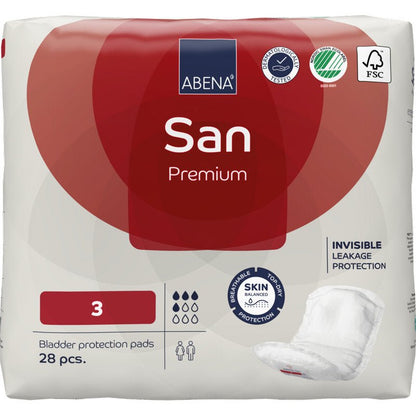 Een 28-pack ABENA San Premium (maat 3) van Abena Re-Seller GmbH biedt een hoge absorptiecapaciteit. De overwegend witte verpakking is voorzien van rode accenten, certificeringslogo's, productinformatie en een afbeelding van een tampon rechtsonder.