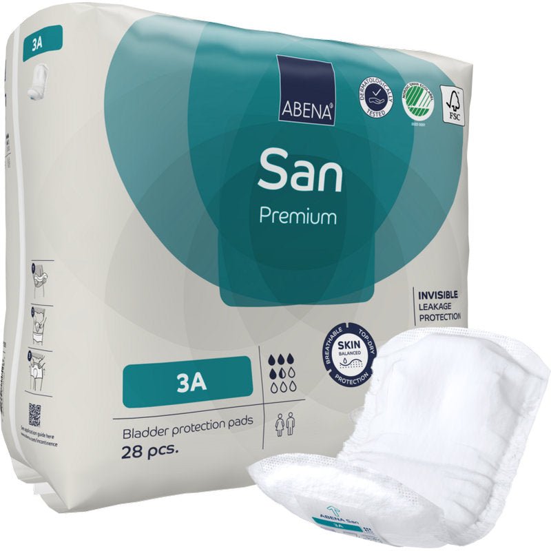 Een verpakking ABENA San Premium blaasbeschermingsinlegkruisjes van Abena Re-Seller GmbH bevat 28 inlegkruisjes. Een inlegkruisje is buiten de verpakking afgebeeld en benadrukt de huidbescherming, de incontinentiebescherming en de hoge absorptiecapaciteit.