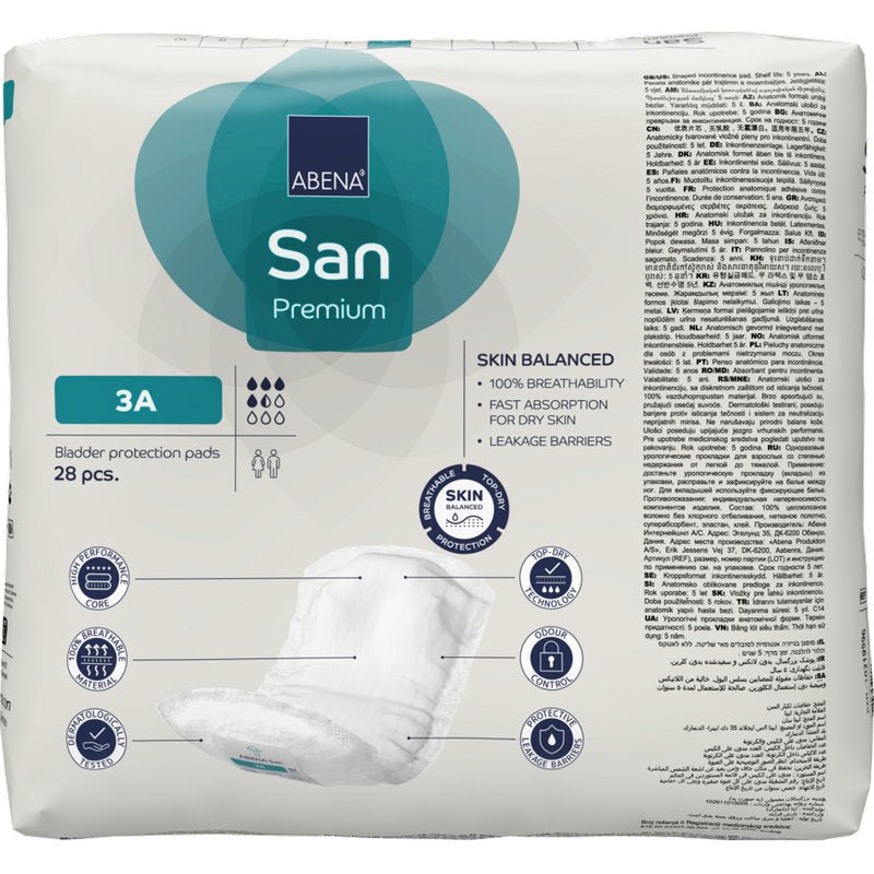 Een 28-pack ABENA San Premium van Abena Re-Seller GmbH biedt hoge absorptiecapaciteit, huidbalans, ademend vermogen, snelle absorptie en betrouwbare incontinentiebescherming met lekbarrière.