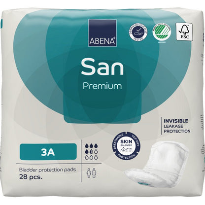 Een 28-delige verpakking ABENA San Premium tampons van Abena Re-Seller GmbH, die zich kenmerken door hoge absorptiecapaciteit, onzichtbare lekbescherming en huidbalans. Certificeringslogo's en een afbeelding van een tampon zijn rechtsonder op de verpakking afgebeeld.