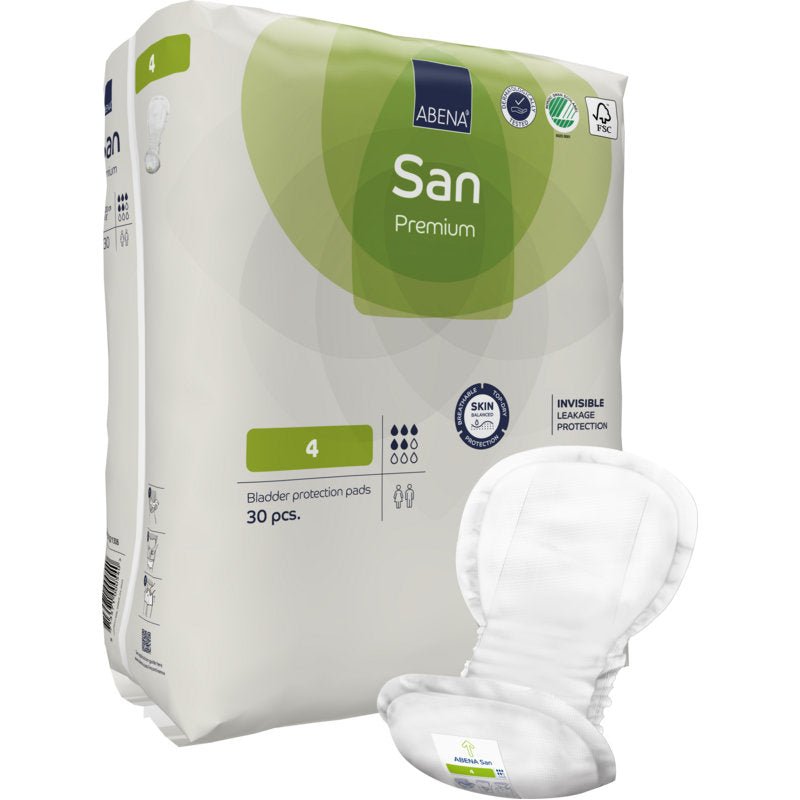 Een verpakking ABENA San Premium blaasbeschermingsinlegkruisjes van Abena Re-Seller GmbH, met een inlegkruisje op de voorkant. De wit-groene verpakking is voorzien van symbolen voor hoge absorptiecapaciteit, huidvriendelijkheid en incontinentiebescherming.