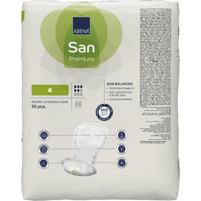 Een 30-pack ABENA San Premium van Abena Re-Seller GmbH, maat 4 voor incontinentie, kenmerkt zich door hoge absorptiecapaciteit, belangrijke productdetails, gebruiksinstructies en voordelen symbolen op de verpakking.