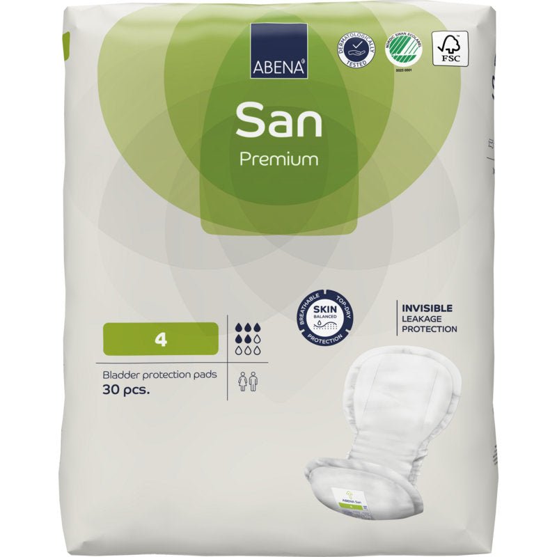 Een verpakking ABENA San Premium van Abena Re-Seller GmbH, maat 4, bevat 30 stuks. De witte verpakking met groene accenten informeert over incontinentiebescherming, huidbescherming, hoge absorptiecapaciteit en lekbescherming.