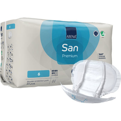 Afgebeeld is een verpakking ABENA San Premium van Abena Re-Seller GmbH, maat 6 met 34 verbanden. Voorop is een pad afgebeeld. De verpakking heeft een blauw-witte branding en biedt hoge absorptie voor betrouwbare blaasondersteuning.