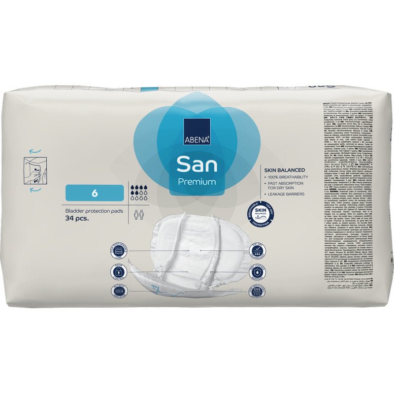 Een verpakking ABENA San Premium blaasondersteuningsinleggers van Abena Re-Seller GmbH, maat 6, met hoge absorptie voor betrouwbare incontinentiebescherming. De witte verpakking heeft blauwe en grijze accenten, een productinformatie en een afbeelding van de inlegger op de voorkant.
