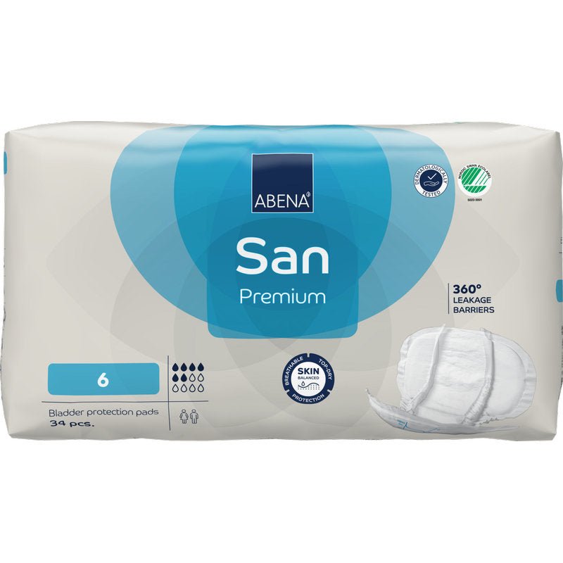 Een verpakking ABENA San Premium van Abena Re-Seller GmbH, maat 6, bevat 34 blaasondersteuningsinleggers. De wit-blauwe verpakking kenmerkt zich door hoge absorptie, 360° lekbescherming en huidvriendelijke bescherming.