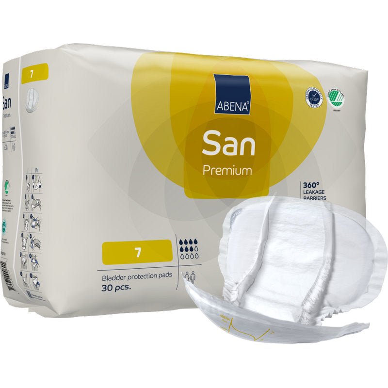 Afgebeeld is een verpakking ABENA San Premium van Abena Re-Seller GmbH, maat 7 (30 stuks), met een tampon ervoor. De verpakking benadrukt 360° lekbescherming en hoge absorptie voor optimale incontinentiebescherming.