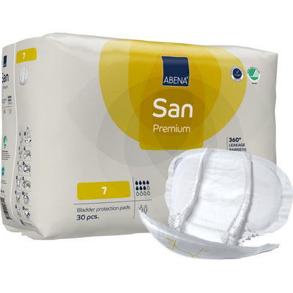 Afgebeeld is een verpakking ABENA San Premium van Abena Re-Seller GmbH, maat 7 (30 stuks), met een tampon ervoor. De verpakking benadrukt 360° lekbescherming en hoge absorptie voor optimale incontinentiebescherming.