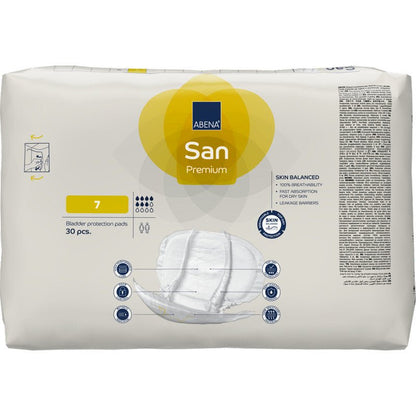 Een 30-pack ABENA San Premium van Abena Re-Seller GmbH, maat 7, komt in een crèmekleurige verpakking met hoge absorptie en een afbeelding van het pad voor optimale incontinentiebescherming.