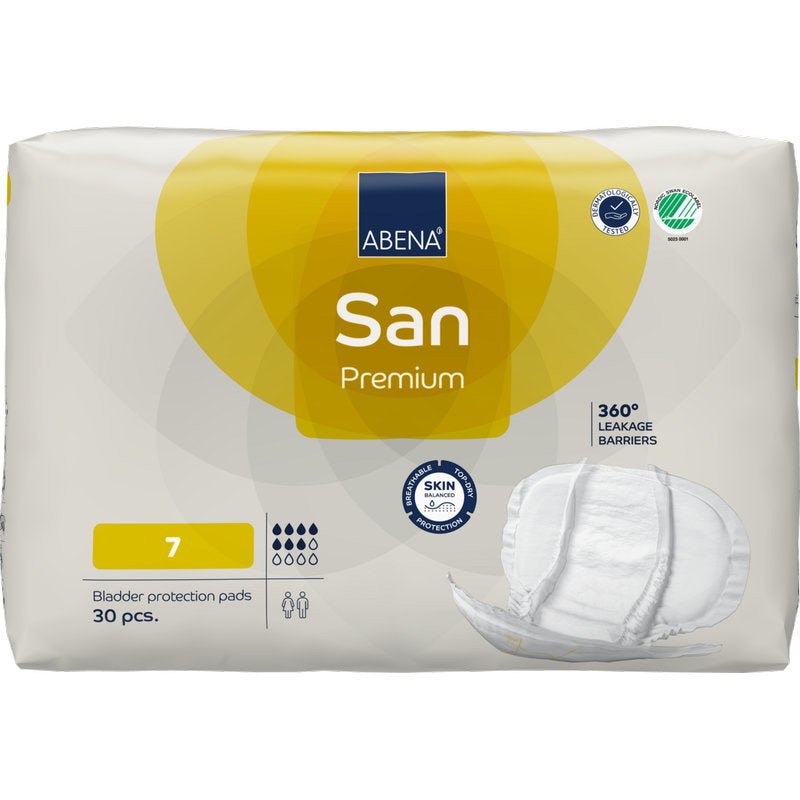 Een 30-pack ABENA San Premium van Abena Re-Seller GmbH, maat 7. De overwegend witte verpakking met gele accenten toont het pad en iconen die hoge absorptie bieden voor optimale incontinentiebescherming.
