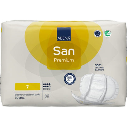 Een 30-pack ABENA San Premium van Abena Re-Seller GmbH, maat 7. De overwegend witte verpakking met gele accenten toont het pad en iconen die hoge absorptie bieden voor optimale incontinentiebescherming.