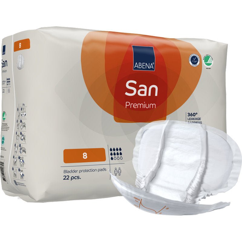 Een verpakking ABENA San Premium van Abena Re-Seller GmbH, maat 8, met 22 inleggers voor incontinentiebescherming. Een hoog absorberende inlegger is voorop afgebeeld om zijn vorm en ontwerp te benadrukken.