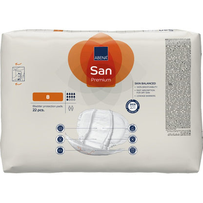 Een verpakking met 22 ABENA San Premium incontinentie-inleggers (maat 8) van Abena Re-Seller GmbH, met hoge absorptie, duidelijke branding, tamponafbeelding en symbolen op de voorkant.