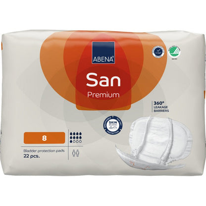 Een verpakking ABENA San Premium van Abena Re-Seller GmbH, maat 8, bevat 22 pads. De overwegend witte verpakking met oranje en blauwe accenten toont tamponafbeeldingen en benadrukt de hoge absorptie voor optimale incontinentiebescherming.