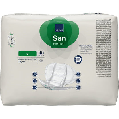 Een 28-pack ABENA San Premium blaasondersteuningsinleggers van Abena Re-Seller GmbH, maat 9, komt in een witte verpakking met groene en blauwe accenten en benadrukt op de voorkant hoge absorptie en incontinentiebescherming.
