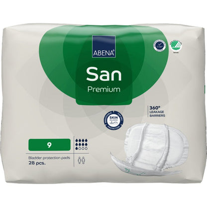 Een 28-delige verpakking ABENA San Premium van Abena Re-Seller GmbH, maat 9. De overwegend witte verpakking met groene accenten adverteert met "hoge absorptie", "360° lekbescherming" en huidvriendelijke incontinentiebescherming.