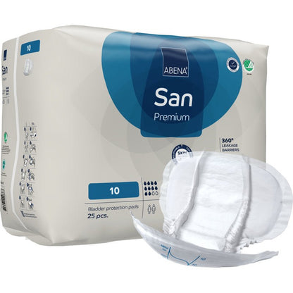 Afgebeeld is een verpakking ABENA San Premium van Abena Re-Seller GmbH (25 inleggers), waarbij een inlegger buiten ligt om de hoge absorptie en betrouwbare incontinentiebescherming te benadrukken. De witte verpakking is voorzien van blauwe accenten.
