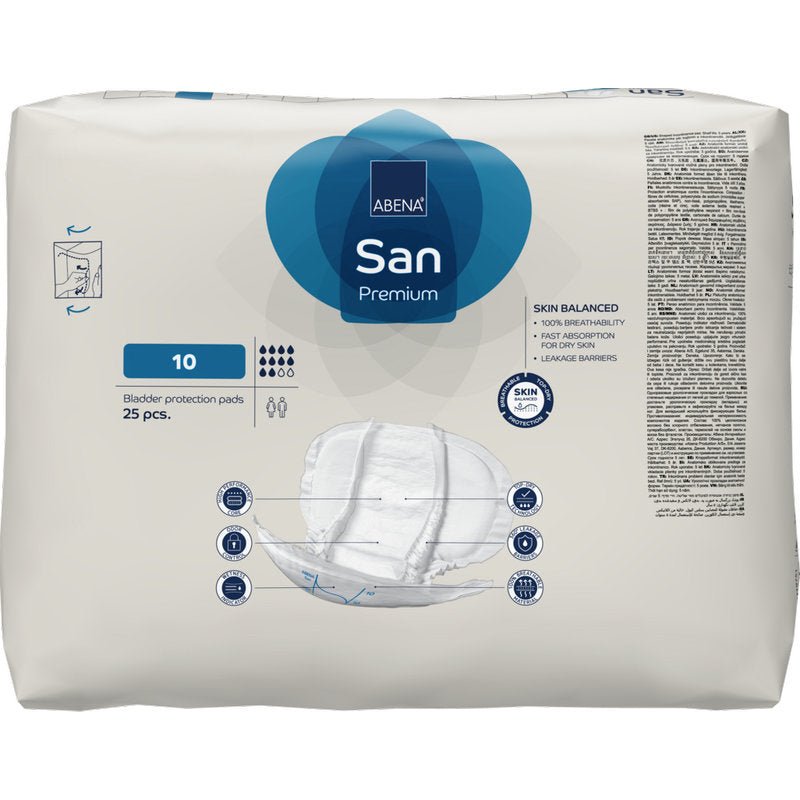 Een verpakking met 25 ABENA San Premium inlegkruisjes van Abena Re-Seller GmbH, maat 10, biedt blaasbescherming met hoge absorptie. De verpakking toont de afbeelding van de inlegkruisjes en bevordert de bescherming tegen incontinentie, de absorptiecapaciteit en de balans van de huid.