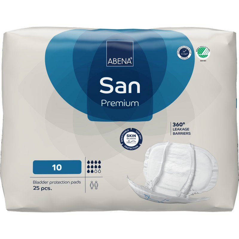 Een verpakking met 25 ABENA San Premium van Abena Re-Seller GmbH, maat 10, biedt hoge absorptie, 360° lekbescherming en huidvriendelijke incontinentiebescherming. De verpakking toont de afbeelding van een inlegger.