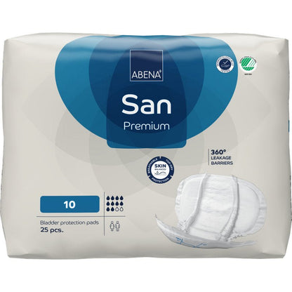 Een verpakking met 25 ABENA San Premium van Abena Re-Seller GmbH, maat 10, biedt hoge absorptie, 360° lekbescherming en huidvriendelijke incontinentiebescherming. De verpakking toont de afbeelding van een inlegger.