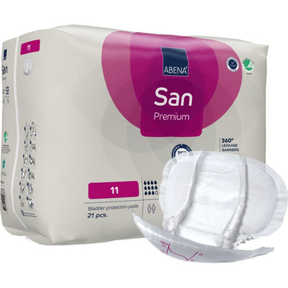 Een verpakking ABENA San Premium van Abena Re-Seller GmbH, die voor hoge absorptie (niveau 11) is gemarkeerd en 21 pads bevat, is afgebeeld met een pad aan de voorkant om het ontwerp en de grootte te tonen.