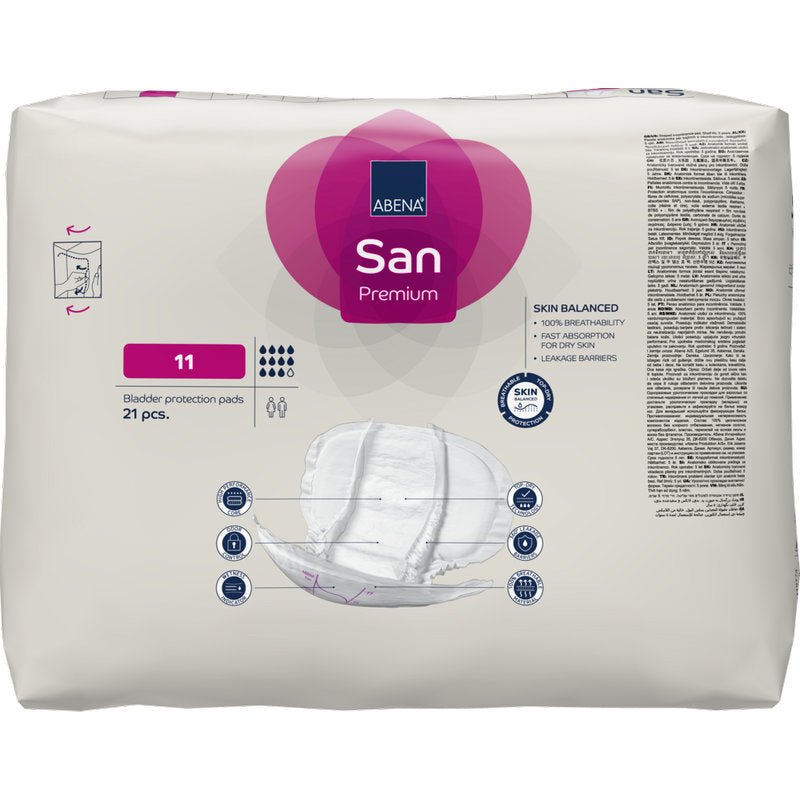 Een verpakking ABENA San Premium van Abena Re-Seller GmbH, maat 11 blaasbeschermingsinlegkruisjes (21 stuks). De voorkant benadrukt incontinentiebescherming, tamponafbeeldingen en symbolen voor hoge absorptie en ademend vermogen.