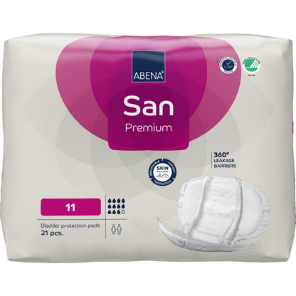 Een verpakking met 21 ABENA San Premium inlegkruisjes van Abena Re-Seller GmbH, maat 11, kenmerkt zich door hoge absorptie, 360° lekbescherming en huidvriendelijk materiaal. De rechterkant toont een afbeelding van het incontinentie-inlegkruisje.