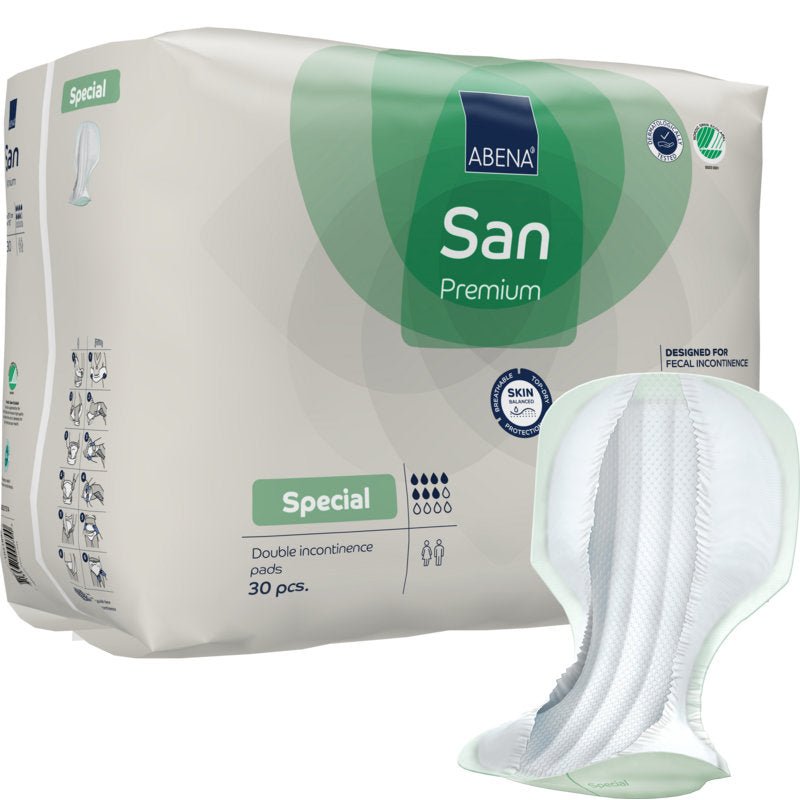 Een wit-groene verpakking met de opdruk "ABENA San Premium" van Abena Re-Seller GmbH, die 30 hoogabsorberende incontinentievoorlagen bevat, wordt getoond naast een van de afzonderlijke voorlagen. De productkenmerken staan op de verpakking afgebeeld.