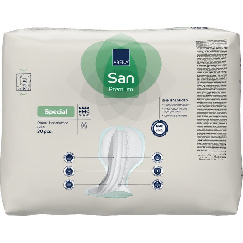 Een verpakking van 30 ABENA San Premium incontinentie-inlegkruisjes van Abena Re-Seller GmbH met hoge absorptie. Overwegend witte verpakking met blauwe en groene accenten, productafbeeldingen en details inbegrepen.