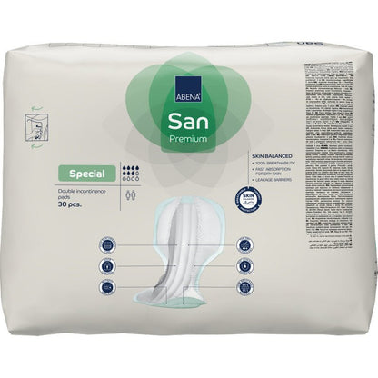 Een verpakking van 30 ABENA San Premium incontinentie-inlegkruisjes van Abena Re-Seller GmbH met hoge absorptie. Overwegend witte verpakking met blauwe en groene accenten, productafbeeldingen en details inbegrepen.