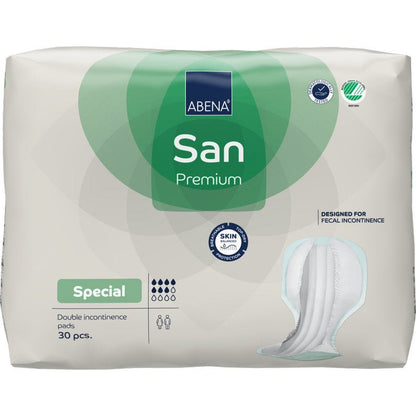 Verpakking met 30 ABENA San Premium incontinentiebeschermingsinlegkruisjes van Abena Re-Seller GmbH. Wit-groene verpakking met productinformatie, symbolen voor hoge absorptie en een afbeelding van het inlegkruisje aan de rechterkant.