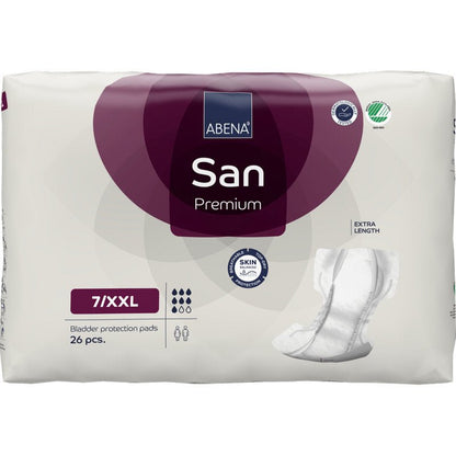 Een verpakking van 26 ABENA San Premium van Abena Re-Seller GmbH met extra lange verbanden met hoge absorptie en huidbeschermingssymbolen op witte en paarse merkachtergrond.