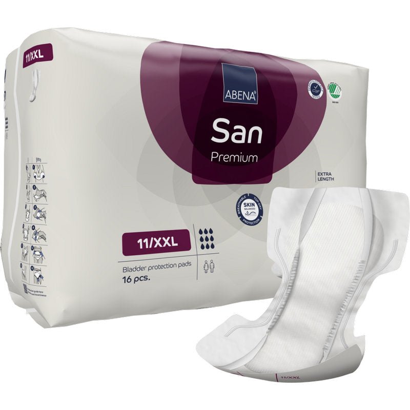 Afgebeeld is een verpakking ABENA San Premium van Abena Re-Seller GmbH met een tampon aan de voorkant. De verpakking bevat 16 tampons, toont productsymbolen en branding en is ontworpen voor hoge absorptie.