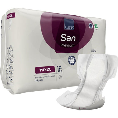 Afgebeeld is een verpakking ABENA San Premium van Abena Re-Seller GmbH met een tampon aan de voorkant. De verpakking bevat 16 tampons, toont productsymbolen en branding en is ontworpen voor hoge absorptie.